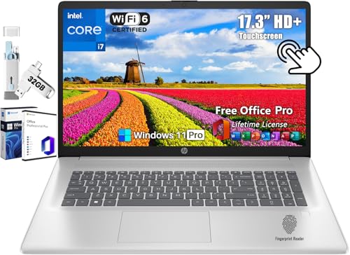 HP 17 Business Laptop, 17.3" HD+ BrightView Touchscreen, Intel 10-Core i7-1355U(Up to 5 GHz), 64 GB RAM, 2 TB SSD, WiFi 6, Bluetooth, 720P Webcam, Win 11 Pro, Microsoft Office Pro License, Silver
