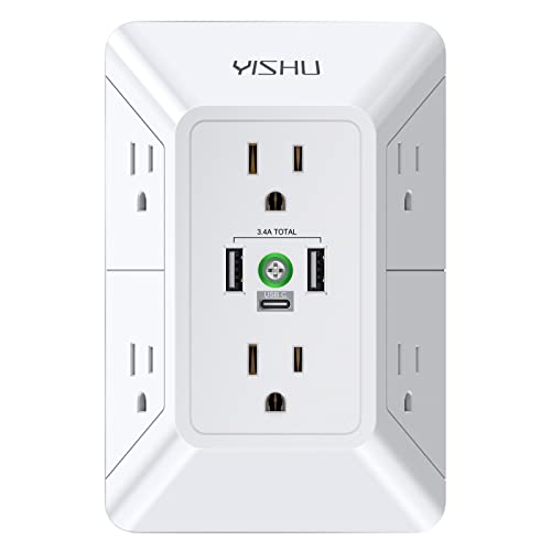 Multi Plug Outlet Surge Protector - YISHU 3 Sided Power Strip with 6 AC Outlet Extender and 3 USB Ports (1 USB C)
