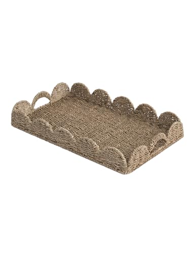 StorageWorks Wicker Scalloped Edge Serving Tray, Hand-Woven Scalloped Rattan Tray with Built-in Handles, Wicker Trays for Décor