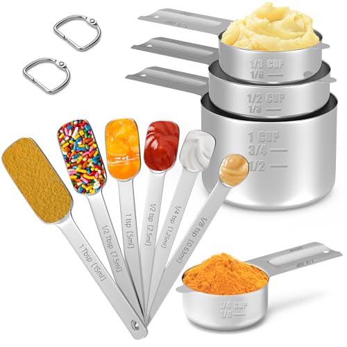 Minteem Magnetic Measuring Cups and Spoons Set, Nesting Stainless Steel Measuring Cup Set with Easy to Read Markings, 8 Magnetic Measuring Spoons & 1 Leveler