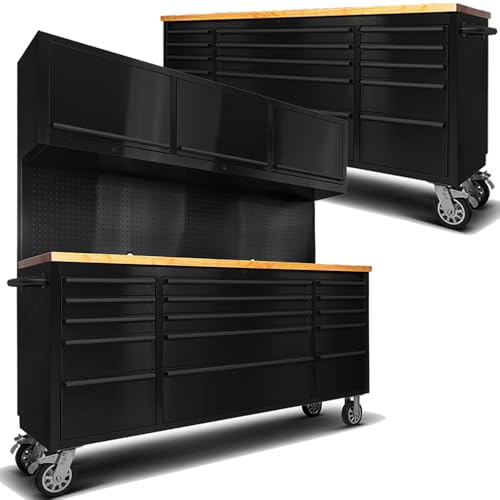 UYRIE 2 Pack - 72" Rolling Tool Chest with 15 Drawers + 3 Upper Cabinets, Matte Black Mobile Workbench, Lockable Large Tool Box with Wheels for Garage (1 × HTC7218PC + 1 × HTC7215PC-1)