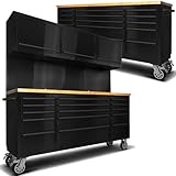 2 Pack - 72" Stainless Steel Rolling Tool Chest with 15 Drawers + 3 Upper Cabinets, Matte Black Mobile Workbench, Lockable Large Tool Box with Wheels for Garage (1 × HTC7218PC + 1 × HTC7215PC-1)