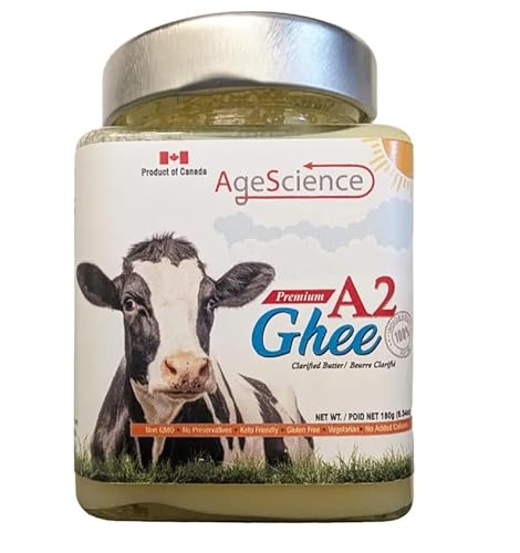 AgeScience A2 Ghee, Made in Canada, First time in Canada A2 Ghee, Non GMO, Lactose and Gluten Free – 180 grams
