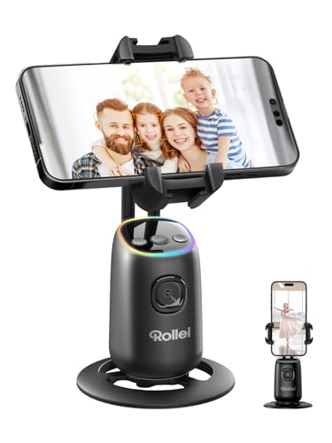 Rollei Easy Creator Desktop mit AI Tracking Automatischer Gesichtsverfolgung Handy Stative 360 Selfie Video Stabilisator zum Filmen mit Eingebautem Akku für Live Streaming Videoaufzeichnung Vlog