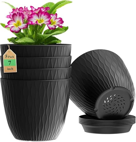 StyleX Store Plastic Round Flower Pots with Drainage Hole Saucers | Durable Outdoor Indoor Wave Pattern Planters with Tray | Plant Containers for Garden, Office, Balcony and Home (Set of 5, Black)