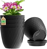 StyleX Store Plastic Round Flower Pots with Drainage Hole Saucers | Durable Outdoor Indoor Wave Pattern Planters with Tray | Plant Containers for Garden, Office, Balcony and Home (Set of 5, Black)