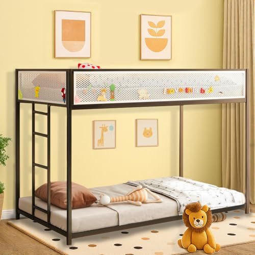 Twin Over Twin Bunk Bed - LifeSky Metal Low Profile Bunkbed with Side Ladder
