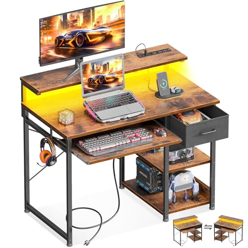AODK Gaming Desk with LED Lights & Power Outlet， Small Computer Desk with Keyboard Tray, Office Desk with Drawer, Reversible Desk with Adjustable Monitor Shelf and Storage Shelf