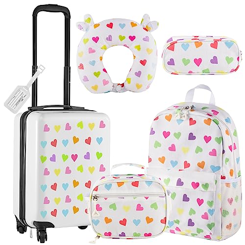 Redbaker 6 Pcs Kids Luggage Set Gift for Christmas 17 Inch Kids Rolling Luggage Double Pattern Suitcase for Boys Girls
