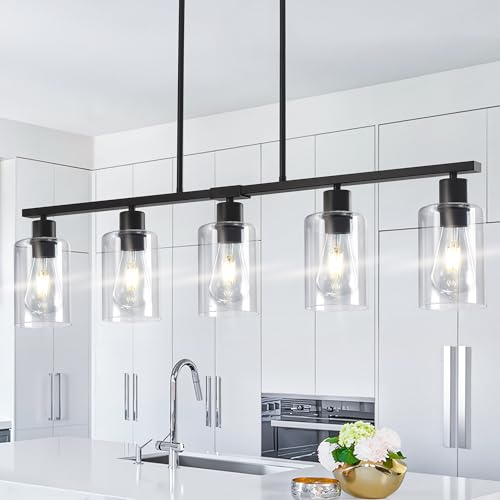 Yarlkav Kitchen Island Lighting, Linear Chandeliers Rectangle Pendant Light Fixtures for Dining Room Farmhouse Hanging Light with Glass Shades