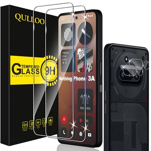 QULLOO Screen Protector for Tempered Glass for Nothing Phone (3a), Pack of 2 Screen Protectors with 2 Camera Protection, 9H Hardness Tempered Glass, HD Clear Protective Glass, Anti-Scratch Film