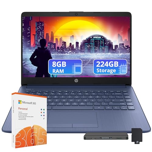 HP Stream 14" HD Lightweight Laptop, Intel Celeron N4120, 8GB RAM, 224GB Storage(64GB eMMC+160GB Docking Station), Intel UHD Graphics, 1 Year Office 365, WiFi, Win 11s, Blue