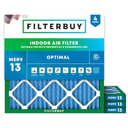 Filterbuy Best Sellers MERV 13 Optimal Defense (4-Pack), Pleated HVAC AC Furnace Air Filters Replacement
