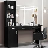 4ever2buy Salon Station for Hair Stylist, Salon Wall Station with Barber Cabinet, Hair Stations Equipment Hair Dryer Holder, Drawers, Wall Mount Barber Beauty Station, Mirror not Included, Black