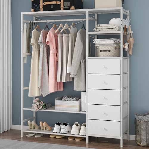 Loomie Heavy Duty Clothes Rack for Hanging Clothes w/5 Shelves & 5 Drawers, Metal Freestanding Clothing Rack with 5 Hooks, Garment Rack Closet Wardrobe Rack,PU Leather Surface, 70.87H,Max 900lbs