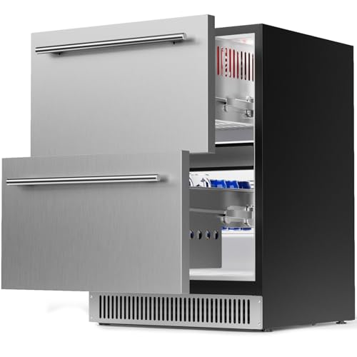 Coolski 24 Inch Under Counter Beverage Refrigerator Drawers, Built-in/Freestanding Stainless Steel Outdoor Refrigerator for Patio, Low Noise Beverage Cooler for Home, Bar, Kitchen, ETL, NSF Approved