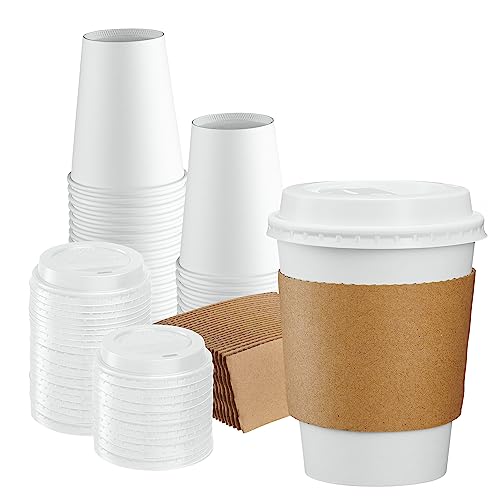 GUSTO [50 Sets Disposable Coffee Cups with Lids, Sleeves - To Go Paper Hot Cups