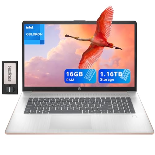 HP 17.3" HD+ BrightView Laptop, Intel Celeron N4120, 16GB RAM, 1.16TB Storage (1TB SSD + 160GB Docking Station Set), Intel UHD Graphics, Full-Size Keyboard, Webcam, Wi-Fi, Windows 11 Home, Rose Gold