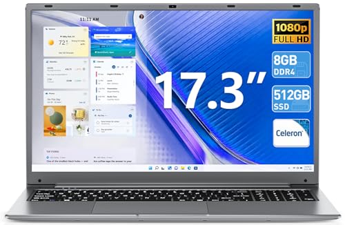 SGIN Laptop, 17.3 IPS Full HD Laptops Computer, 8GB RAM 512GB SSD Notebook with Celeron N4020 Processor, Webcam, 2xUSB 3.0, Type-C, Expandable Storage 1024GB TF, Mini HDMI(Gray)
