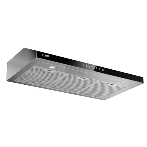 VIKIO HOME Under Cabinet Range Hood 36 Inch, 900 CFM Dual Centrifugal Motor, 3-Speed Ducted Kitchen Vent, Reusable Filters, Stainless Steel Kitchen Hood with LED Lights, Low Noise, Glass Black
