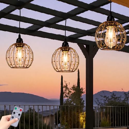 TWINKVILLA Hanging Pendant Lights, Battery Operated Outdoor Chandelier with Warm White LED Bulb for Patio Tree Pergola Gazebo Porch