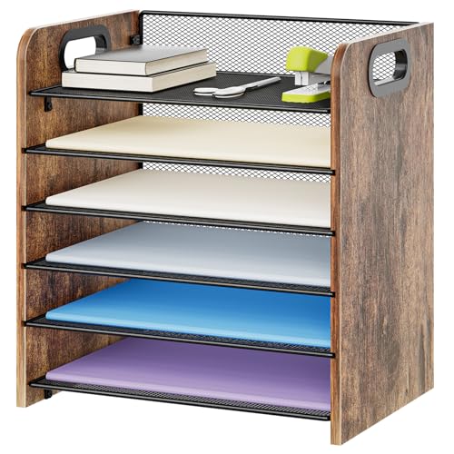 Marbrasse Desktop Paper Letter Tray Organizer - 6 Tier Mesh File Organizer with Handle