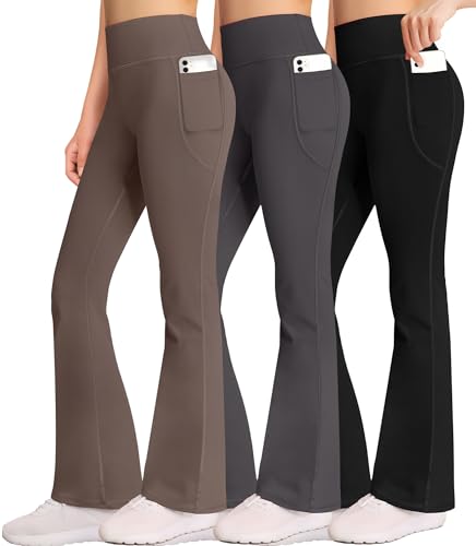 AENLLEY Girl Yoga Flare Wide Leg Tummy Control Stretchy Pants for Causal with Pockets 3 Pack