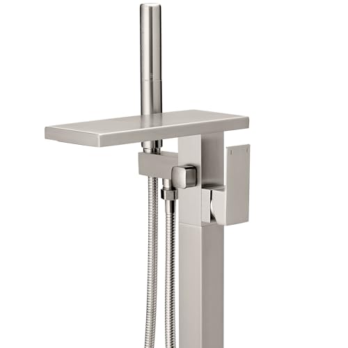 Hoimpro Tub Filler Freestanding Bathtub Faucet Floor Mount Waterfall High Flow Brass Bath Shower Faucets with Handheld Sprayer