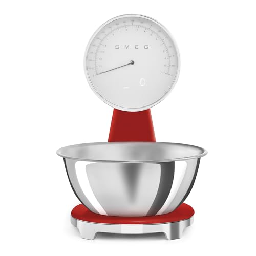 SMEG Retro-Style Analog & Digital Kitchen Scale, 11 lb Capacity, Rechargeable Battery, Backlit LCD Display, Stainless Steel Bowl (Red)