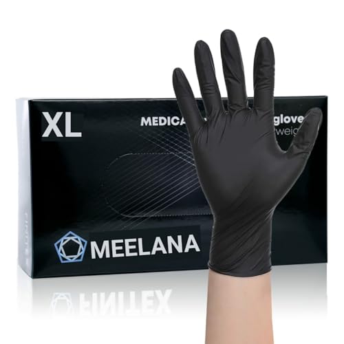 MEELANA Latex Hand Gloves|Medical Grade 4gm|White|Food Grade|Ce Approved|Non Sterile|Medical Examination|All-Purpose|Powdered|Cleaning|Examination Gloves Pack of 100 (Black, XL)