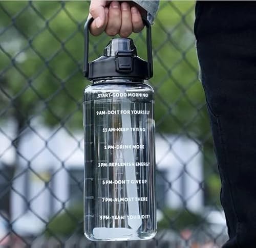 4Mura 2 L Capacity Belt Straw Transparent Motivational Water Bottles|Time Marker Leak Proof&Break-Proof|Best Usage For Office/School/Gym/Travel Bottle|Bpa-Free Fitness Sports Bottle (BLACK)