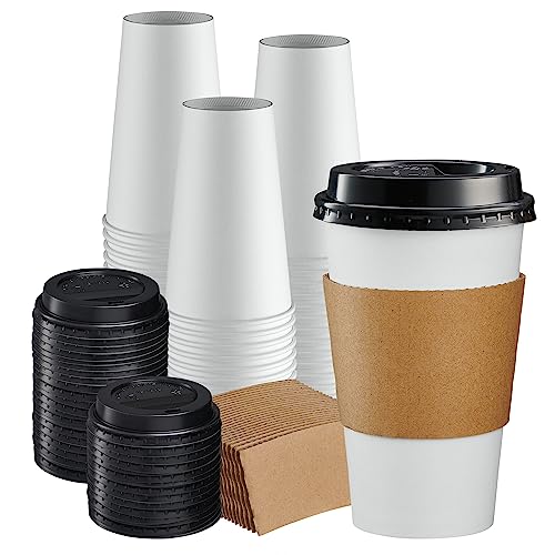GUSTO Disposable Coffee Cups with Lids and Sleeves - To-Go Paper Hot Cups - Formerly Comfy Package