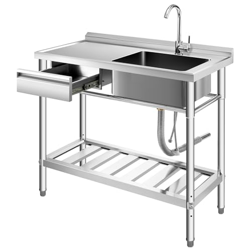 YORKING Stainless Steel Utility Sink,Free Standing Single Bowl Kitchen Commercial Restaurant Sink with Cold and Hot Water Pipe, Indoor and Outdoor, for Laundry Room, Garage