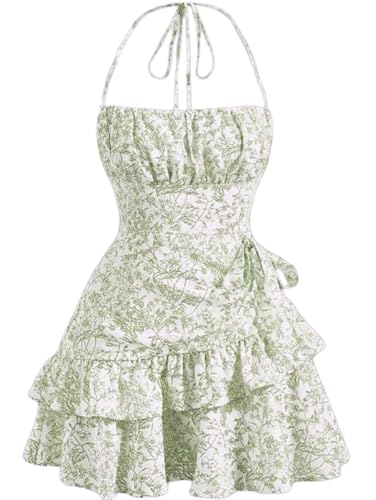 Narecte Summer Dresses for Women,Tie Halter Mini Dress,Floral Print Short Dress,Ruffle Trim Casual Dresses