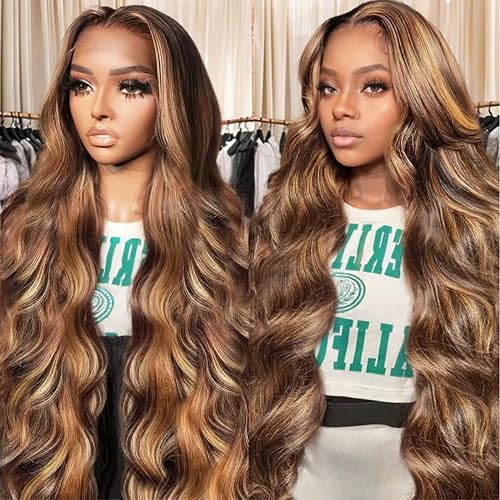 SFTNMEH 30 Inch Highlight Ombre 13x6 Lace Front Wig Human Hair 210 Density Body Wave Honey Blonde Glueless HD Transparent Lace Frontal Wigs for Women 4/27 Colored