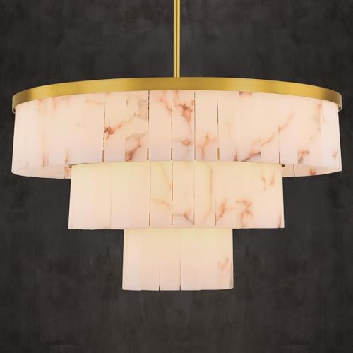 Sucelating Alabaster Chandelier, Modern Marble Chandeliers for Dining Room Living Room, Dimmable Chandelier for Bedroom Entryway Foyer, Stone Round Light Fixture for Kitchen
