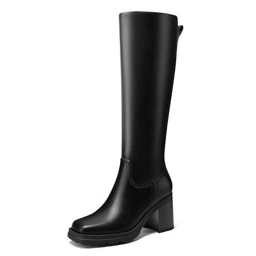 Dumjey Knee High Boots Women Platform Lug Sole Knee Boots Square Toe Stacked Chunky Heels Long Fall Boots with Zippers