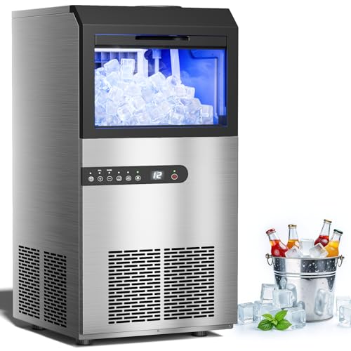 Commercial Ice Maker 120LBS/24H, Under Counter Ice Machine with 28LBS Storage Bin, 45 Ice Cubes Per Cycle Freestanding Ice Maker for Home Kitchen Bar Restaurant