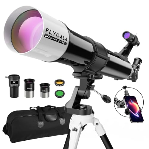 FlyGala Telescope for Adults High Powered Astronomical,80mm Aperture 900mm Professional Refractor Telescopes for Astronomy Beginners 36-270X FMC with AZ Mount Tripod,Carrying Bag,Phone Adapter