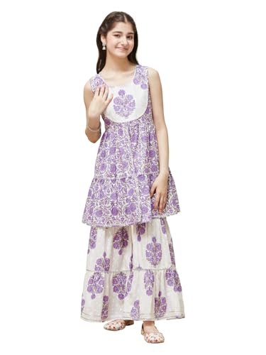 Curly Tales Girl's Cotton Printed Kurta & Sharara Ethnic Set -K-5301-8-9 (28) Lavender