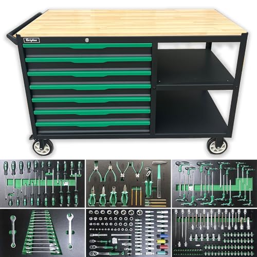 Griplier 7-Drawers Professional Tool Cart Cabinet,Rolling Tool Chest with Double Shelves,Wood Workbench,51.1W x 18.9D x 32.3H inches for Garage, Workshop, or Outdoor Use(7 Drawers + 258 Pieces Tool)