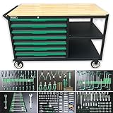 Griplier 7-Drawers Professional Tool Cart Cabinet,Rolling Tool Chest with Double Shelves,Wood Workbench,51.1W x 18.9D x 32.3H inches for Garage, Workshop, or Outdoor Use(7 Drawers + 258 Pieces Tool)