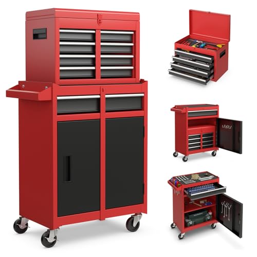 TANGZON Rolling Tool Chest, 2-in-1 Large Capacity Tool Cabinet with Wheels, 5 Drawers & Auto-Locking System, Heavy-Duty Metal Toolbox for Workshop, Warehouse, Garage