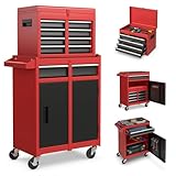 TANGZON Rolling Tool Chest, 2-in-1 Large Capacity Tool Cabinet with Wheels, 5 Drawers & Auto-Locking System, Heavy-Duty Metal Toolbox for Workshop, Warehouse, Garage (Black + Red)