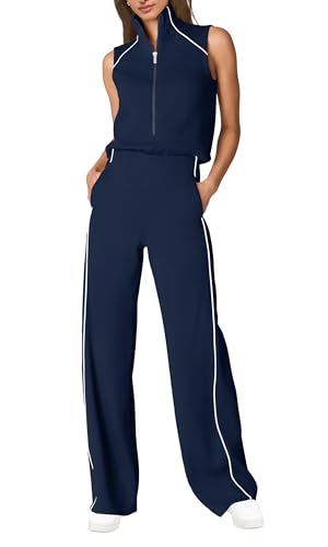 SENSERISE Womens Summer Jumpsuits Dressy Casual Sleeveless Mock Neck Top Wide Leg Pants Romper with Pockets