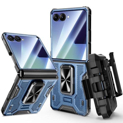 VEGO for Z Flip 7 Case with Hinge Protection, 360° Rotatable Ring Kickstand & Built-in Screen Protector & Belt Clip Holster