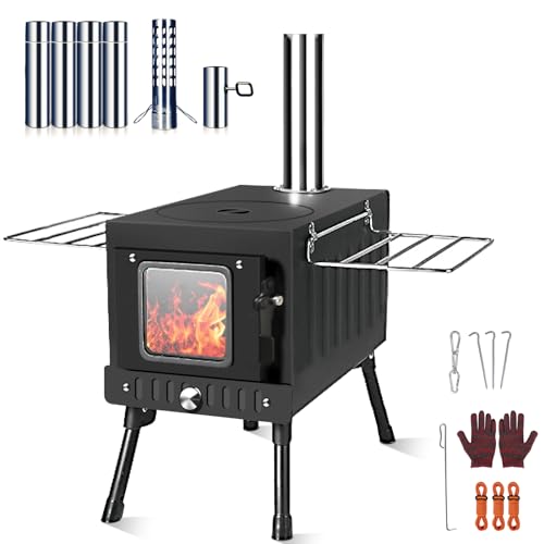 Huskfirm Wood Burning Stove,Tent Stove for Heating,Folding Portable Wood Stove for Tent,Cooking,Courtyard,Camping Stove include Chimney Pipes and Spark Arrestor