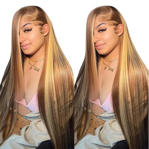 Cypha Ombre Lace Front Wig Human Hair Highlight 13x6 HD Straight Lace Front Wigs 180% Density 4/27 Colored Honey Blonde HD Lace Frontal Wigs For Women Glueless Pre Plucked with Baby Hair 30inch