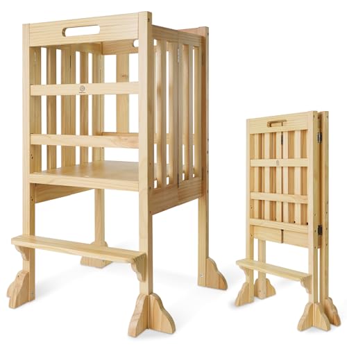 WOOD CITY Kitchen Step Stool Helper - Montessori Foldable Standing Tower for Toddlers with Safety Rail, Height Adjustable Ideal Helper for Learning New Skills, Natural Pure Pine Wood