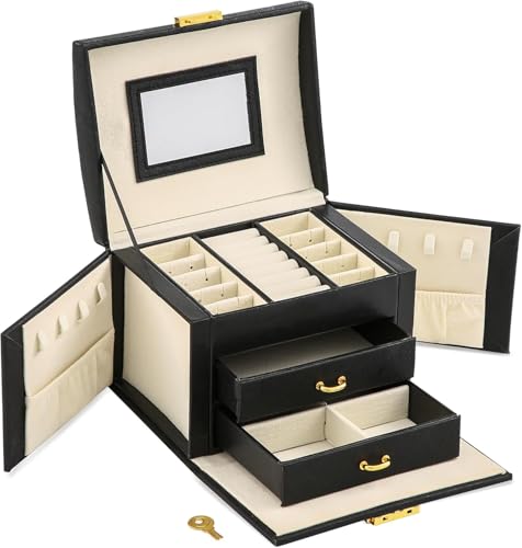 YouBella Jewellery Organisers Gifts PU Leather Portable Lockable Home Jwell organizer Storage Box Case with Dividers Container for Rings, Earrings, Necklace for Girls and Women (Black), Onesize